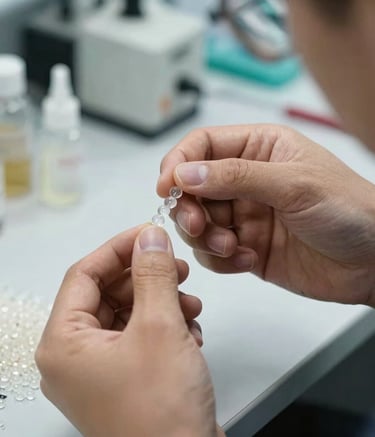 A close-up shot of professional hands in a technical agency setting in Europe, inspecting the quality and clarity of premium silica gel beads. The lighting is bright and clean, emphasizing a mood of reliability and technical expertise.