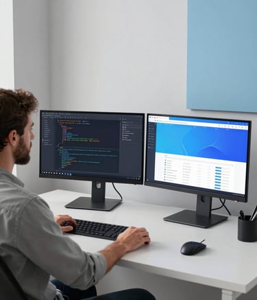 A professional web designer in a sleek, modern North American / US studio, sitting at a desk with dual monitors showing clean lines of code and abstract Sky Blue design interfaces. Soft Mist White and Sky Blue accents in the room decoration. Sharp focus, professional photography.