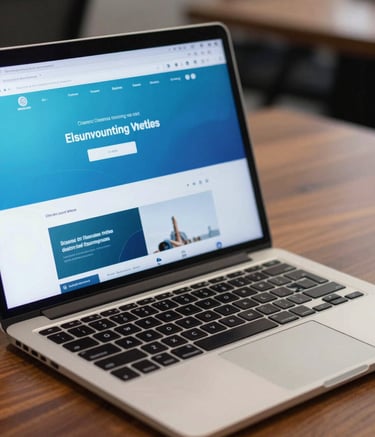 Close-up of a high-end laptop on a polished wooden desk in a North American / US corporate setting. The screen displays a vibrant, responsive website with Muted Ocean Blue and Sky Blue colors. Professional, soft ambient lighting.