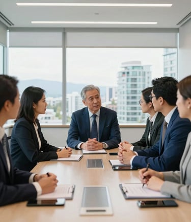 A high-end, bright North American corporate meeting room in Vancouver, Washington. Professionals in sophisticated business attire are engaged in a strategic discussion around a polished table. The lighting is natural and clean, highlighting a professional and innovative atmosphere with a palette of steel blue and off-white.
