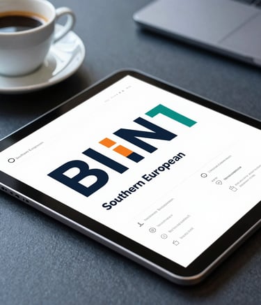 A close-up of a professional tablet displaying a sophisticated brand guide with geometric typography, resting on a dark blue-grey surface next to a cup of espresso, in a modern and professional Southern European office environment.