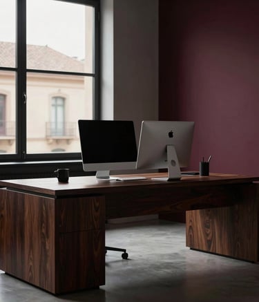 A high-end, minimalist professional studio workspace in Zaragoza with dark oak furniture, a clean desk with a modern computer, and a subtle view of Spanish architecture through the window, captured in elegant low-key lighting with deep burgundy accents.