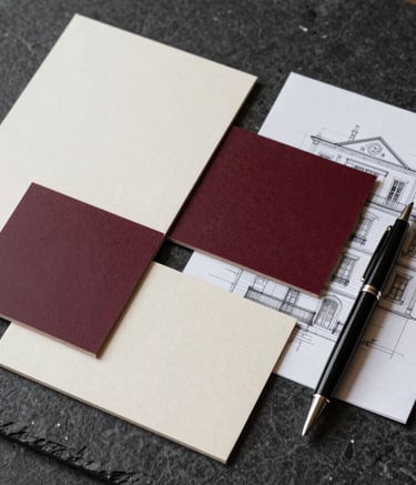 Overhead shot of a sophisticated design moodboard on a dark stone surface, featuring premium paper samples in cream and deep burgundy, a professional pen, and architectural sketches, in a Southern European design studio setting.
