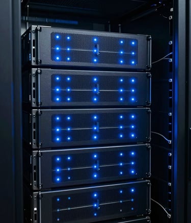 Close-up of a high-tech server room in an international data center. Blinking blue led lights on dark metal racks create a sleek and futuristic atmosphere. Palette features navy and muted blue tones.