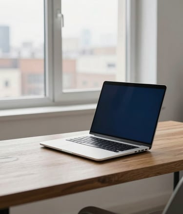 A clean, minimalist home office in a North American city. A sleek laptop on a wooden desk with a large window in the background letting in soft natural light. Atmosphere of efficiency and focus, including colors like off-white and dark blue.