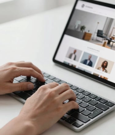 A close-up of a professional's hands working on a sleek keyboard with a tablet nearby displaying a clean, modern website layout. The setting is a bright, minimalist studio with a focus on sophisticated technology and efficiency.