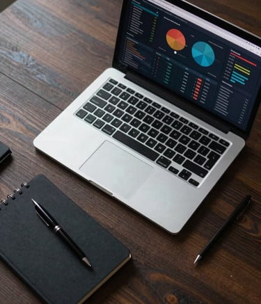 A top-down view of a sleek, modern workspace featuring a high-resolution laptop showing colorful marketing analytics charts, a black notebook, and a professional designer pen on a dark wood desk. Moody, professional lighting.