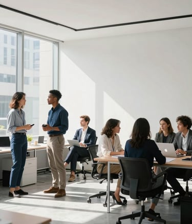 A high-end, minimalist professional office space in a North American city. A diverse group of marketing professionals in business casual attire are collaborating in a bright, sunlit room with clean white walls and modern furniture.