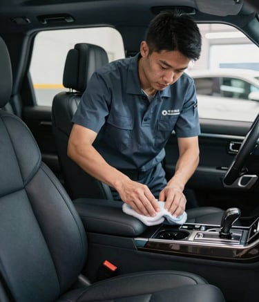 A professional detailer in a clean, branded Slate Blue uniform meticulously cleaning the Deep Charcoal leather interior of a high-end SUV. The scene is set in a bright, modern North American / US garage with soft, diffused lighting that emphasizes the texture of the materials.