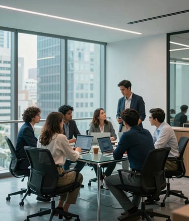 Interior of a modern tech office in a South American metropolis. A professional group in business casual attire collaborating around a glass desk. Soft cyan lighting accents. Wide shot, professional photography.