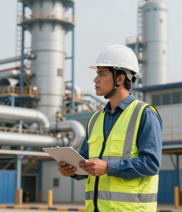 A professional safety engineer in a white hard hat and reflective vest inspecting a modern South American / Brazilian industrial facility. Natural daylight, steel blue and pale mist white tones in the background, sharp focus, professional photography style.