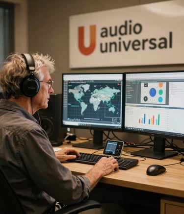 A sleek TV screen displaying the audio universal channel interface.