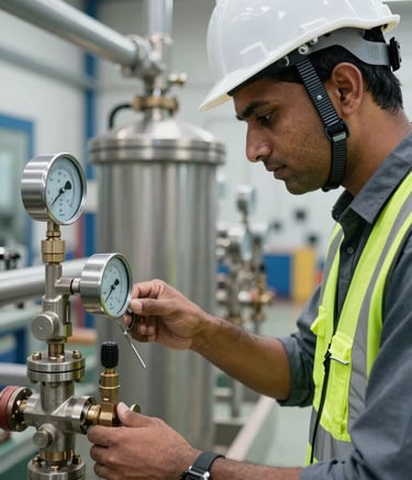 Close-up photography of a professional South Asian / Indian engineer wearing a white hard hat and a high-visibility vest, inspecting a water filtration unit with stainless steel gauges and valves. The lighting is crisp and natural, highlighting the technical details of the wastewater equipment. The setting is a modern industrial facility.
