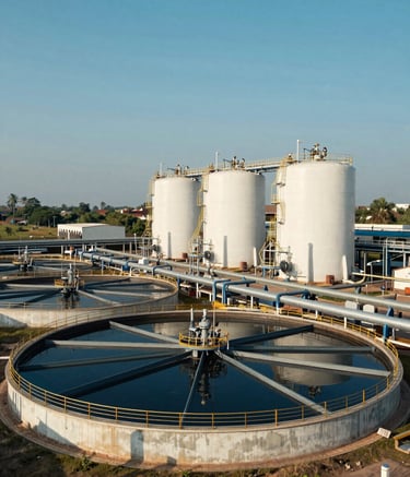 Photography of a large industrial Sewage Treatment Plant (STP) facility in South Asian / Indian outskirts. The composition is wide-angle, showing large circular tanks and steel pipes under a bright, clear sky. Professional and clean industrial aesthetic using colors like dark blue and off-white.