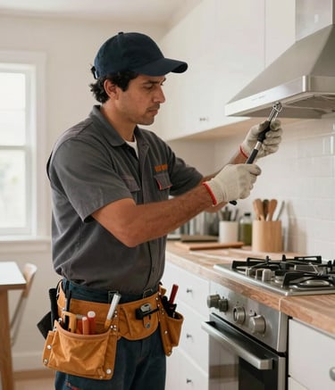 A professional handyman wearing a uniform and tool belt working on a kitchen renovation in a bright Latinoamericano home setting. High-quality lighting, professional atmosphere.