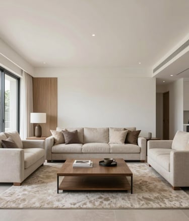 Architectural photography of a newly remodeled living room in a Latinoamericano home with modern furniture, clean lines, and soft natural light. The space features off-white walls and light beige accents.