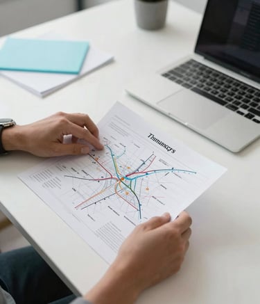 A close-up, high-angle shot of a clean desk in a modern North American / Mexican office. A professional's hands are reviewing a printed digital roadmap alongside a sleek laptop. The lighting is bright and natural, with accents of bright cyan and medium grey in the office decor.