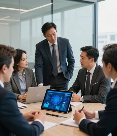 A group of professional colleagues in a bright, contemporary glass-walled boardroom in San Francisco, engaged in an intelligent discussion around a tablet showing abstract royal blue data visualizations, clean lines, professional attire, North American / US corporate style.