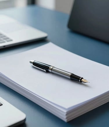 Professional photography of a minimalist workspace in a modern Lisbon office. A high-quality fountain pen rests on a stack of neatly arranged white documents. The scene is illuminated by soft natural light, featuring a palette of steel blue and soft azure white, conveying order and efficiency.