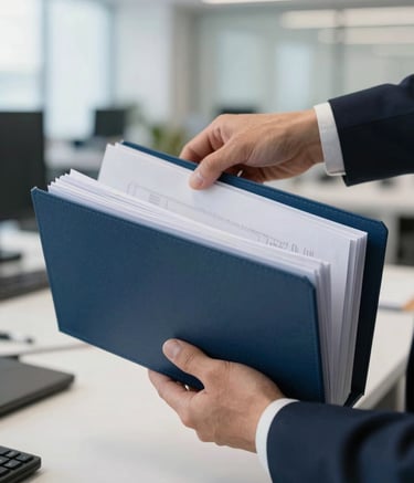 Close-up photography of professional hands organizing formal document folders in a bright, modern Portuguese office setting. The composition is clean and focused, using lighting that highlights the textures of the paper and the deep navy and sky blue tones of the office interior.