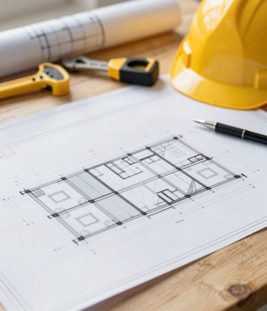 A detailed close-up of a construction blueprint laying on a wooden table on a bright job site, with a yellow hard hat and professional tools nearby. The lighting is bright and clean, incorporating tones of #5D6D7E and #212A3E in the shadows and tools. Professional, modern architectural vibe.