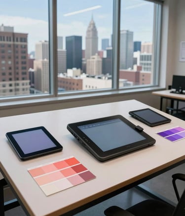 A high-angle photograph of a sophisticated design studio in a North American city. A large drafting table features high-end digital tablets and color swatches in coral and purple. Large windows reveal a city skyline under a clear blue sky, creating an inspiring and professional atmosphere.