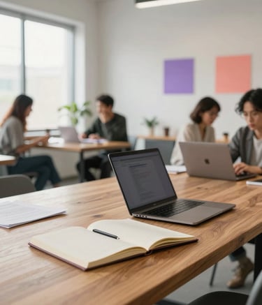 Photography of a bright, modern open-plan office in North America. In the foreground, a large wooden table holds open notebooks and a sleek laptop. In the blurred background, professionals engage in a creative workshop. The room is filled with soft, natural morning light with subtle purple and coral accents in the decor.