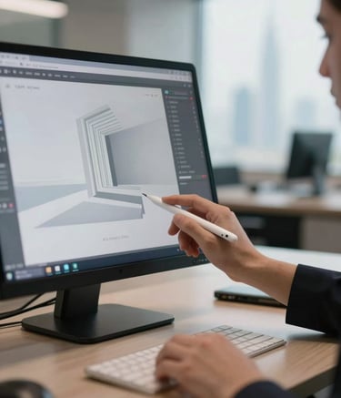 A close-up shot of a high-end designer's workspace in a sleek Dubai office, showing a stylus touching a high-resolution display that features a minimalist architectural interface. The lighting is soft and professional, highlighting premium textures in a Middle Eastern / Gulf corporate setting.