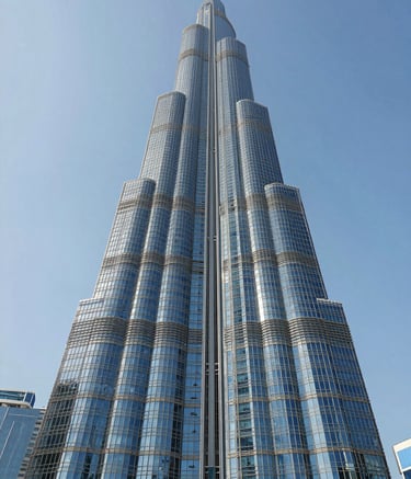 A wide-angle, low-angle shot of a stunning modern glass skyscraper in Dubai, reflecting the steel blue and ice blue sky. The composition is clean and architectural, conveying a sense of height and innovation in a Middle Eastern / Gulf urban landscape.