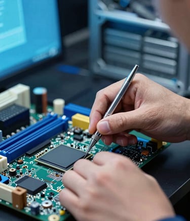 A close-up, high-detail photo of a technician's hands working on a modern computer motherboard with precision tools. The lighting is crisp and technical, featuring the brand's blues (#1F3A4B and #3E6B89) in the background reflections, conveying expertise and care.