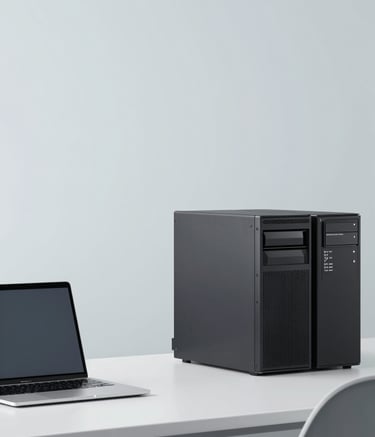 A minimalist and modern office scene showing a clean desk with a laptop and server equipment. The aesthetic is sophisticated and professional, using a palette of #9ABACF and #F4F7F8 to create a sense of trust and technological efficiency.