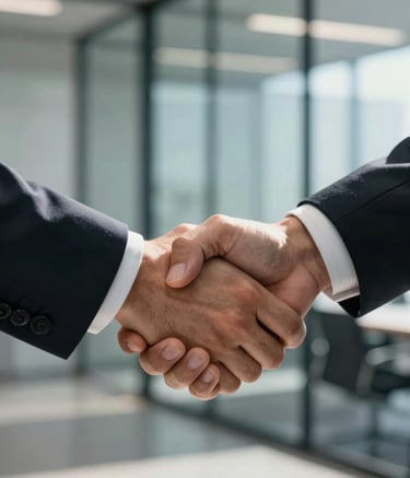 A close-up photograph of a professional handshake in a sunlit, modern North American office. The focus is on the firm grip, conveying trust and partnership. The background shows a blurred glass wall reflecting light gray and medium blue tones from the office interior.