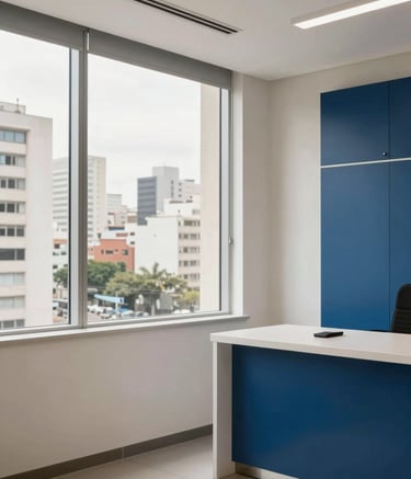 Photography of a bright, modern law office interior in a Brazilian metropolis. Large windows showing urban architecture. The color palette features off-white and deep blue accents. Professional and calm atmosphere.