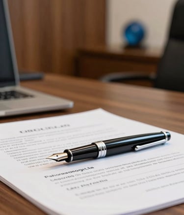 Close-up of a modern Brazilian law office desk featuring a high-quality fountain pen and legal documents. The lighting is soft and professional, with a background of wood panels and a subtle blue accent from a decorative office item.
