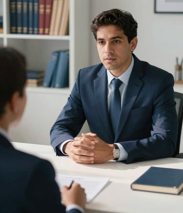 A professional South American / Brazilian lawyer in formal attire sitting at a clean, modern desk in a sunlit office, engaging in a consultation with a client. The composition is a medium shot with a shallow depth of field, showing legal books on a shelf in the soft-focus background. The palette includes navy blue and light blue accents.