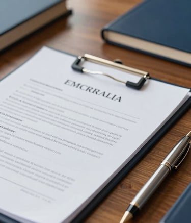 Close-up photography of a professional desk in a South American law firm. A legal document and a sleek pen are visible. Soft, warm lighting reflecting off wooden surfaces and dark navy blue office items.