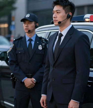 A professional security detail in sharp, dark suits with discreet communication earpieces, standing beside a premium black vehicle. The scene is shot in a sleek urban setting at dusk, with a mood of quiet strength and absolute vigilance, incorporating #0A1C29 and #6B9CBF tones.