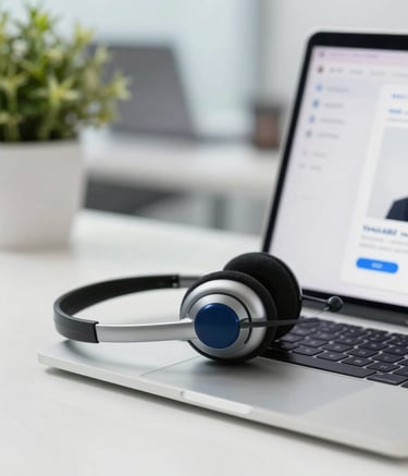 A close-up shot of a modern professional workstation for tele-attendance. A high-quality headset rests next to a sleek laptop. The lighting is bright and clear, with subtle brand colors #3A6389 integrated through office decor. Professional and efficient atmosphere.