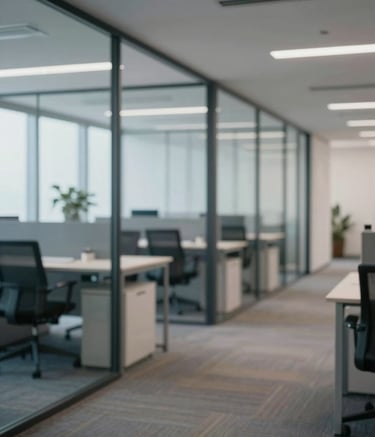 A wide shot of a modern, professional office environment with clean lines, glass partitions, and a palette of #1A2C38 and #F8F8F4. No people are clearly visible, focusing on the calm and secure atmosphere of the workspace.