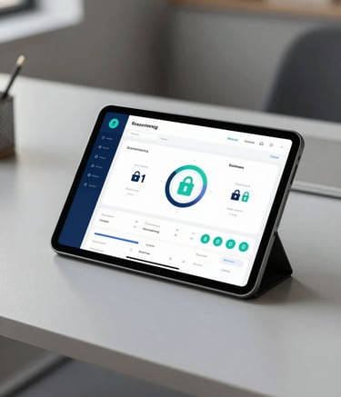 A high-end, minimalist office desk with a tablet displaying a clean financial dashboard with secure icons. The lighting is soft and natural, emphasizing professional efficiency. Colors include deep blues and teals from the brand palette.