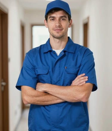 A professional pest control technician in a clean, modern Royal Blue (#1F4287) uniform, standing confidently in a brightly lit residential hallway. The atmosphere is trustworthy and secure. Style is professional photography with natural lighting.