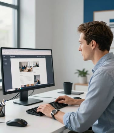 A professional portrait of a consultant in a bright, modern studio in Port Washington, Wisconsin. They are working at a desk with design tools and a large monitor showing a web layout. The setting is clean and approachable with light grey and deep blue accents.