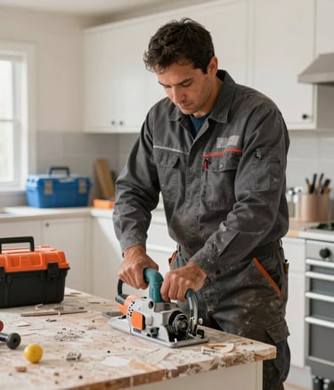 A professional contractor in a dark gray work uniform using a power saw in a mid-renovation kitchen in Los Angeles. Visible debris, construction orange safety gear, and steel blue toolboxes in the background. Practical and intense atmosphere.