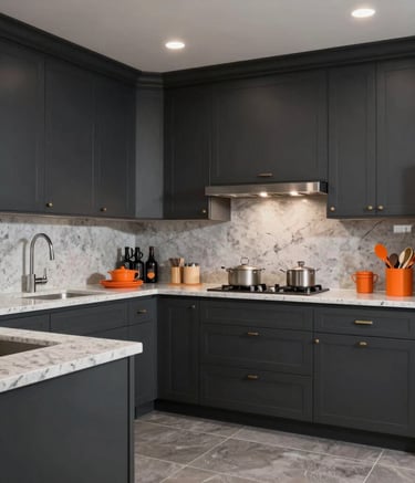 A wide angle shot of a successfully revived kitchen in Los Angeles. Bold design featuring dark gray cabinetry, light gray quartz surfaces, and construction orange kitchen accessories. High-contrast, results-driven professional photography.