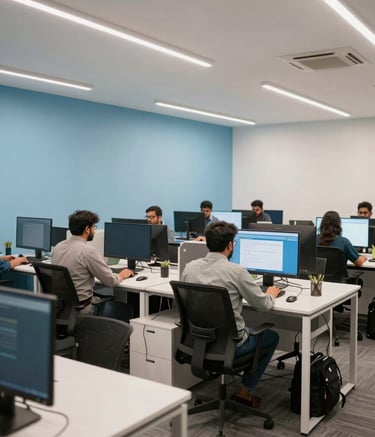 A wide shot of a bright, modern digital agency workspace in Lahore, Pakistan. The office features minimalist furniture, sky blue wall accents, and people working on advanced computers. The lighting is clean and professional, emphasizing a dynamic and innovative work culture.