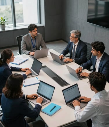 A high-angle professional photograph of a strategic brainstorming session in a modern office in Lahore, Pakistan. The scene features a sleek conference table with laptops and sky blue notebooks, with professionals in modern business attire collaborating. The room has large windows and a clean, sophisticated atmosphere with dark grey architectural accents.