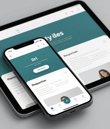 A close-up of a modern smartphone and tablet displaying clean, futuristic web UI designs. The lighting is crisp and cool, featuring tones of #3D5A73 and #F4F7F8, illustrating professional results-driven design work.
