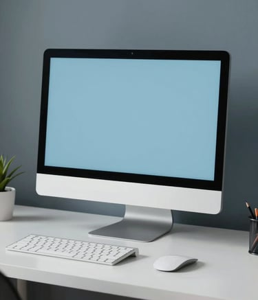 A sleek, minimalist home office setup with a high-end desktop monitor, clean white desk, and professional lighting. The image incorporates a color palette of #1A2A3A and #9FBECB with soft shadows to convey a modern, visionary design atmosphere.