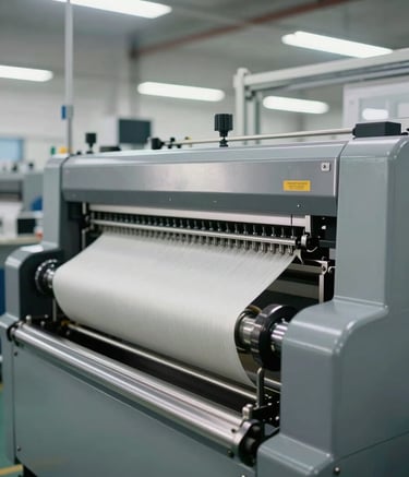 Professional photography of a sophisticated textile finishing machine within a bright, clean South Asian manufacturing plant. Steel components glisten under soft industrial lighting, conveying a sense of precision and innovation.