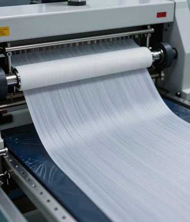 A close-up macro photograph of a high-tech fabric coating process in a modern South Asian industrial facility. The lighting is crisp and professional, highlighting the precision of the machinery and the smooth texture of the fabric. The color palette features deep slate and ice white tones.